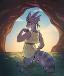  absurd_res ambiguous_gender anthro aquatic_kobold blue_body blue_scales butt clothed clothing glacierclear hi_res jewelry kobold partially_clothed partially_exposed partially_submerged rear_view scales scalie solo solo_focus standing_in_water water 