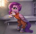  anklecuffs anku_(artist) clothing cuff_(restraint) equid equine eyebrows eyelashes feathered_wings feathers female feral fetlocks folded_wings fur hair handcuffs hasbro hooves mammal mane metal_cuffs mlp_g5 my_little_pony pegasus pink_body pink_feathers pink_fur pipp_petals_(mlp) prison prison_uniform prisoner purple_hair purple_mane purple_tail restraints tail uniform window wings wings_tied yellow_hooves 