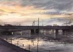  bridge cloud cloudy_sky highres horizon no_humans original painting_(medium) power_lines reflection reflective_water sky sunlight tlctm7h8wdwnthx traditional_media utility_pole water watercolor_(medium) 