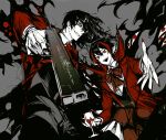  2boys aiming_at_viewer alucard_(hellsing) baskerville_(hellsing) blood bow bowtie brown_bow brown_bowtie coat collared_shirt cup drinking_glass fingernails hellsing highres jackal_(hellsing) library_of_ruina long_sleeves looking_at_viewer multicolored_hair multiple_boys necktie nosferatu_(project_moon) project_moon reaching reaching_towards_viewer red_coat red_eyes red_hair red_nails red_necktie remsrar sharp_fingernails shirt smoke streaked_hair trait_connection vampire white_hair wine_glass 