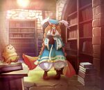  1girl animal_ears big_hair blue_robe book braid breath_of_fire breath_of_fire_iii full_body glasses hat highres honey_(breath_of_fire) long_hair makinko momo_(breath_of_fire) orange_hair rabbit_ears red_eyes robe twintails very_long_hair 