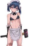  1girl apron arms_behind_back bandaid bandaid_on_cheek bandaid_on_face bandaid_on_knee bandaid_on_leg bare_shoulders bikini black_bikini black_gloves black_ribbon blue_hair breasts bright_pupils closed_mouth commentary crossed_bandaids detached_collar earrings elbow_gloves english_commentary expressionless gloves hair_ornament hammer highleg highleg_bikini highres holding holding_hammer jewelry ji-yoon_(jourd4n) jourd4n maid maid_apron maid_headdress navel neck_ribbon original pink_eyes ribbon simple_background skull_hair_ornament sledgehammer small_breasts solo standing stomach swimsuit toned twintails waist_apron white_apron white_background white_pupils 