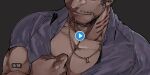  1boy bara beard_stubble collared_shirt dagon_(housamo) dark-skinned_male dark_skin fake_video fins fish_boy grey_hair head_out_of_frame jewelry large_pectorals long_sideburns male_focus mature_male muscular muscular_male mustache_stubble necklace noramoso pectoral_cleavage pectoral_focus pectorals purple_shirt shirt shirt_grab short_hair sideburns slit_pupils smile solo thick_eyebrows tokyo_afterschool_summoners undressing 
