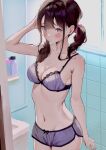  1girl bathroom blush bra commentary fuyumurasaki hand_in_own_hair highres lingerie original pink_ribbon purple_bra purple_eyes ribbon twintails underwear 