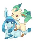  :&lt; animal_focus closed_mouth commentary_request glaceon leafeon lying no_humans pokemon pokemon_(creature) simple_background smile split_mouth teru_(245_neko) white_background 