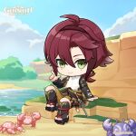  1boy absurdres ahoge armor black_footwear blue_sky blurry blurry_background chibi closed_mouth cloud commentary copyright_name crab day dot_nose english_commentary genshin_impact green_eyes hair_between_eyes hand_up highres japanese_armor knee_up kote kurokote lake light_smile long_hair looking_at_viewer male_focus mole mole_under_eye official_art outdoors parted_bangs shikanoin_heizou shorts sitting sky sword tassel toeless_footwear toes water weapon 