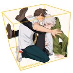  2boys ahoge artist_name boleum_(dgrpluna) box brown_footwear brown_hair danganronpa_(series) danganronpa_2:_goodbye_despair green_jacket green_pants grey_eyes grey_hair highres hinata_hajime hood hood_down hood_up hooded_jacket jacket komaeda_nagito long_sleeves male_focus multiple_boys necktie pants print_shirt shirt short_hair short_sleeves sweatdrop tie_clip white_background white_shirt 