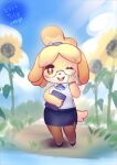  animal_crossing anthro black_nose blonde_hair blush book bottomwear canid canine canis clothing day domestic_dog eyewear female flower fur glasses hair hi_res isabelle_(animal_crossing) legwear looking_at_viewer mammal ni_jikan nintendo one_eye_closed open_mouth outside pantyhose plant skirt sky smile solo standing sunflower wink yellow_body yellow_fur 