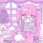  1girl bow ezaki_bisuko hair_bow heart heart-shaped_eyewear menhera-chan_(ezaki_bisuko) menhera-chan_(ezaki_bisuko)_(character) pink_shirt pink_skirt rabbit reading shirt skirt teapot twintails yume_kawaii 