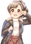  1girl :d backpack bag black_jacket blush bow brown_eyes brown_hair brown_skirt commentary_request extra fur-trimmed_jacket fur_trim hair_bow hand_up highres idolmaster idolmaster_cinderella_girls jacket long_sleeves looking_at_viewer open_clothes open_jacket ponytail purple_bow randoseru regular_mow ribbed_sweater signature simple_background skirt sleeves_past_wrists smile solo sweater turtleneck turtleneck_sweater twitter_username white_background white_sweater 
