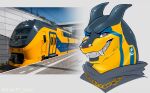 anthro chain clothing dragon fangs gold_(metal) gold_chain grey_eyes grin hoodie horn how_to_dragon_your_train hybrid living_machine living_train living_vehicle locomorph looking_at_viewer machine male nederlandse_spoorwegen smile solo teeth topwear tv_thari vehicle virm_(train) yellow_body 