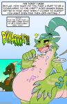  2023 absurd_res anthro ask_blog belly blush burping clothing cooking_pot digital_media_(artwork) dragon english_text female gabby_wetland green_body green_hair green_scales hair hi_res horn if_hell_had_a_taste male message multicolored_body multicolored_scales open_mouth red_eyes reptile scales scalie scar shirt skylar_fidchell stuffing text topwear two_tone_body two_tone_scales user_message username viroveteruscy yellow_body yellow_scales yellow_sclera 