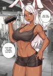  1girl animal_ears bare_arms bare_shoulders black_shorts black_sports_bra boku_no_hero_academia bottle breasts cleavage collarbone dark-skinned_female dark_skin english_text gym holding holding_bottle large_breasts long_eyelashes long_hair looking_at_viewer mirko navel open_mouth parted_bangs patreon_username rabbit_ears rabbit_girl rabbit_tail red_eyes redjet short_shorts shorts solo speech_bubble sports_bra stomach tail thighs toned water_bottle white_hair 