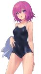  1girl :o bad_link black_one-piece_swimsuit blush breasts chorefuji collarbone commentary_request covered_navel cowboy_shot hair_between_eyes highres holding holding_clothes looking_at_viewer medium_hair one-piece_swimsuit open_mouth original purple_eyes purple_hair simple_background solo swimsuit tongue wet wet_hair white_background 