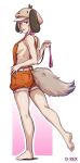  1girl :p animal_collar animal_ears bare_legs bare_shoulders barefoot breasts brown_hair collar d-rex dog_ears dog_girl dog_tail hand_on_own_hip hand_up highres leash medium_breasts orange_overalls original overall_shorts overalls shiny_skin short_hair solo tail tongue tongue_out white_background 