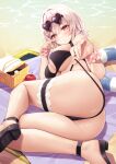  1girl absurdres apple ass azur_lane basket bikini black_bikini blush breasts classic_(zildjian33) commentary_request eyewear_on_head food fruit hair_between_eyes heart heart-shaped_eyewear highres large_breasts looking_at_viewer o-ring official_alternate_costume partial_commentary red_eyes scrunchie short_hair sirius_(azur_lane) sirius_(scorching-hot_seirios)_(azur_lane) solo sunglasses swimsuit thighs white_hair wrist_scrunchie 