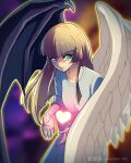  1girl asymmetrical_wings black_wings blue_dress blunt_bangs brown_hair change_of_heart dress duel_monster feathered_wings green_eyes heart heterochromia highres long_hair purple_eyes raijin-bh solo standing straight_hair twitter_username white_wings wings yu-gi-oh! yu-gi-oh!_duel_monsters 