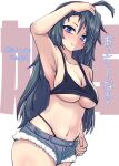  1girl absurdres ahoge bikini black_bikini black_hair blue_eyes blue_shorts breasts character_name cleavage cowboy_shot cutoffs denim denim_shorts highres kako_(kancolle) kantai_collection kitahama_(siroimakeinu831) long_hair looking_at_viewer medium_breasts messy_hair one-hour_drawing_challenge short_shorts shorts solo swimsuit text_background twitter_username underboob white_background 