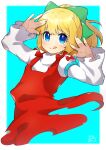  1girl blonde_hair blue_eyes bow closed_mouth green_bow hair_bow highres long_sleeves looking_at_viewer mega_man_(classic) mega_man_(series) roll_(mega_man) short_hair solo tobitori tongue tongue_out 