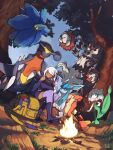  absurdres bag blaziken camp campfire camping evening fire floating florges garchomp glaceon glimmora grass ground highres mark331 outdoors pokemon pokemon_(creature) team tree trevenant white_hair 