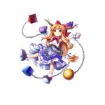  1girl bow bowtie chain closed_mouth cube cuffs full_body game_cg gourd hair_bow highres horn_ornament horn_ribbon horns ibuki_suika long_hair looking_at_viewer low-tied_long_hair orange_eyes orange_hair orb purple_ribbon purple_skirt pyramid_(geometry) red_bow red_bowtie ribbon ribbon-trimmed_skirt ribbon_trim rotte_(1109) shackles shirt simple_background skirt sleeveless sleeveless_shirt smile solo third-party_source torn_clothes torn_sleeves touhou touhou_lost_word white_background white_shirt 