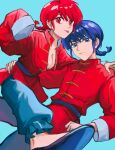  1boy 1girl absurdres aqua_background blue_eyes blue_hair braid braided_ponytail breasts chinese_clothes closed_mouth dual_persona highres ranma-chan ranma_1/2 red_hair saotome_ranma simple_background tongue tongue_out wacz2724_(user_wacz2724) 