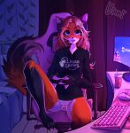  anthro bedroom black_body black_fur blue_eyes bodily_fluids brown_hair canid canine clothed clothing computer controller dildo discord_(app) female fox fur game_controller gaming genital_fluids hair headphones hi_res hoodie keidran laura_(twokinds) long_hair mammal orange_body orange_fur partially_clothed penetration pussy_juice sex_toy solo teeth topwear twokinds vaginal vaginal_penetration vinni_(artist) webcomic white_body white_fur 