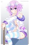  1girl bandaid bare_shoulders blush breasts choker d-pad d-pad_hair_ornament hair_ornament helvetica_std highres hood hooded_jacket jacket long_sleeves looking_at_viewer neptune_(neptune_series) neptune_(series) no_bra open_clothes open_jacket panties pink_hair purple_eyes short_hair simple_background sitting small_breasts solo striped striped_panties striped_thighhighs thighhighs torn_clothes underwear white_choker 