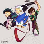  4boys artist_name ben_10 ben_tennyson black_bodysuit black_hair black_shirt blue_fur bodysuit boku_no_hero_academia brown_hair brown_pants copium_v danny_phantom danny_phantom_(character) gloves green_bodysuit green_eyes green_hair green_shirt hedgehog hedgehog_ears hedgehog_tail highres midoriya_izuku multicolored_clothes multicolored_hair multicolored_shirt multiple_boys omnitrix pants running shirt shoes short_hair short_sleeves smile sonic_(series) sonic_the_hedgehog teeth two-tone_hair two-tone_shirt white_gloves white_hair 