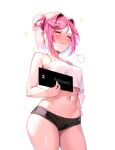  1girl :3 absurdres alternate_costume bare_arms bare_shoulders black_panties breasts closed_eyes closed_mouth cowboy_shot crop_top doki_doki_literature_club hair_intakes hair_ornament hairclip highres holding machulanko medium_breasts natsuki_(doki_doki_literature_club) navel panties pink_hair shirt short_hair simple_background smile solo stomach underwear white_shirt 