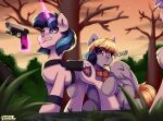  ashley_graham_(resident_evil) blonde_hair blue_eyes blue_hair capcom cutie_mark derpy_hooves_(mlp) equid equine friendship_is_magic fur glowing gun hair handgun hasbro hi_res holster horn laser leon_kennedy_(resident_evil) levitation magic mammal my_little_pony pegasus ranged_weapon resident_evil scarf shadowreindeer shining_armor_(mlp) unicorn weapon white_body white_fur wings 