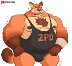  2023 anthro arm_wraps bedroom_eyes belly biceps big_belly big_muscles big_pecs bodily_fluids body_hair bottomwear bulge canid canine chest_hair clothed clothing disney eyebrows fox fur hi_res hotpants looking_at_viewer male mammal musclegut muscular muscular_anthro muscular_male narrowed_eyes nick_wilde nipples obese obese_anthro obese_male overweight overweight_anthro overweight_male patreon pecs seductive shirt shorts simple_background smile solo standing stompsthecroc sweat tank_top text text_on_clothing text_on_shirt text_on_tank_top text_on_topwear topwear tuft url white_background wraps zootopia 
