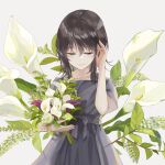  adjusting_hair black_dress black_hair blue_eyes bouquet calla_lily closed_mouth collarbone dress flower hand_in_own_hair highres holding holding_bouquet holding_flower leaf looking_down medium_hair original short_sleeves shotgunman smile white_flower 