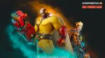  2boys bald blonde_hair blue_hoodie clenched_hand closed_mouth copyright_name cyborg dark_skin doomfist_(overwatch) formal gauntlets genji_(overwatch) genos highres holding holding_sword holding_weapon hood hoodie logo looking_ahead looking_back male_focus multiple_boys official_art official_wallpaper one-punch_man overwatch overwatch_2 saitama_(one-punch_man) saitama_doomfist single_gauntlet smoke standing suit sword upper_body weapon yellow_suit 