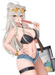  1girl animal_ears bag bare_arms bare_shoulders bikini black_bikini blue_shorts blush breasts eyewear_on_head food grey_eyes grey_hair holding hololive large_breasts long_hair looking_at_viewer micro_shorts navel open_mouth ponytail popsicle saliva saliva_trail shishiro_botan shorts simple_background solo stomach sunglasses swimsuit thigh_strap virtual_youtuber watermelon_bar wei_xiao white_background 