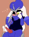  absurd_res anthro balls blush bodily_fluids cimaris_(emote) cinderace covering covering_mouth covering_own_mouth covering_self cum cum_drip cum_on_hand cum_on_penis dripping emote_(artist) eyelashes generation_8_pokemon genital_fluids genitals hi_res hybrid male masturbation nintendo penis pokemon pokemon_(species) raboot scorbunny solo 