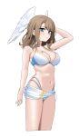  1girl arm_up bare_arms bare_shoulders bikini blue_eyes blush brown_hair commentary_request cowboy_shot eunie_(xenoblade) fried_bocky hand_in_own_hair head_wings highres long_hair looking_at_viewer navel official_alternate_costume sarong simple_background solo standing stomach swimsuit thighs white_background white_bikini wings xenoblade_chronicles_(series) xenoblade_chronicles_3 