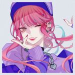  1other border brown_eyes earrings faulkner_anne grey_background grey_border heart highres jewelry long_hair multiple_earrings necklace one_eye_closed paradox_live purple_headwear purple_sweater red_hair red_nails ring smile solo sweater teeth twitter_username wu_u 