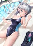  1girl animal_ear_fluff animal_ears bag black_one-piece_swimsuit blue_archive blue_eyes breasts c.u.wa clothes_pull commentary competition_swimsuit covered_navel cross_hair_ornament extra_ears grey_hair hair_ornament halo highleg highleg_swimsuit highres medium_breasts medium_hair mismatched_pupils multicolored_clothes multicolored_swimsuit one-piece_swimsuit one-piece_swimsuit_pull pool pool_ladder rei_no_pool shiroko_(blue_archive) shiroko_(swimsuit)_(blue_archive) smile solo swimsuit wolf_ears 