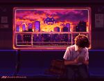  1boy abueloretrowave animated animated_gif bag black_pants brown_hair city game_boy handheld_game_console looking_down no_smoking orange_sky pants pixel_art purple_sky shirt short_hair short_sleeves sky smoke space space_invaders sunset train video_game white_shirt window 