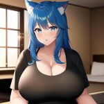  1girl ai-generated animal_ears bedroom black_shirt blue_hair cat_ears chair fat gaming_chair green_eyes happy military military_vehicle motor_vehicle non-web_source original playing_games shirt swivel_chair tank tank_top thick_lips thick_thighs thighs wide_hips 