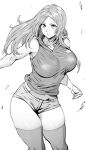  1girl bleach bleach:_the_thousand-year_blood_war breasts contrapposto daraz greyscale highres hood hood_down hoodie inoue_orihime large_breasts long_hair midriff_peek monochrome navel parted_bangs parted_lips short_shorts shorts sleeveless sleeveless_hoodie solo thighhighs thighs white_background 