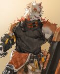  2023 anthro arknights arun_six canid canine canis clothed clothing domestic_dog fur gloves hair handwear hi_res holding_object holding_shield horn hung_(arknights) hypergryph long_hair looking_away male mammal muscular muscular_anthro muscular_male orange_hair riot_shield shield solo studio_montagne tail tan_body tan_fur white_body white_fur white_hair yellow_eyes 