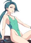  1girl ahoge black_gloves bright_pupils covered_navel cowboy_shot flat_chest gloves green_hair green_leotard green_one-piece_swimsuit hai_(h81908190) highleg highleg_swimsuit leotard long_hair looking_at_viewer low_ponytail one-piece_swimsuit pokemon pokemon_(game) pokemon_sv red_eyes rika_(pokemon) simple_background sitting solo swimsuit white_background white_pupils 