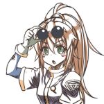  1girl blush_stickers brown_hair eyewear_on_head gloves green_eyes kakko_madoka long_hair looking_at_viewer open_mouth ponytail precis_neumann simple_background solo star_ocean star_ocean_the_second_story sunglasses white_background 