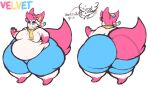  2021 absurd_res anthro atsuineko barefoot belly big_belly big_butt big_tail biped blue_bottomwear blue_clothing blue_pants blue_sclera bottomwear bow_(anatomy) butt character_name clothed clothing eeveelution english_text fan_character feet fluffy fluffy_tail generation_6_pokemon girly gloves_(marking) hair half-closed_eyes hand_on_hip hi_res hindpaw huge_butt huge_hips huge_thighs hyper hyper_butt hyper_hips hyper_thighs leg_markings male markings model_sheet moobs morbidly_obese morbidly_obese_anthro morbidly_obese_male multicolored_body narrowed_eyes neck_tuft nintendo obese obese_anthro obese_male overweight overweight_anthro overweight_male pants pawpads paws pink_body pink_hair plantigrade pokemon pokemon_(species) pose raised_arm rear_view ribbons_(anatomy) scarf sharp_teeth simple_background smile smug socks_(marking) solo squish sylveon tail teeth text thick_thighs three-quarter_view topless tuft velvet_(atsuineko) white_background white_body white_eyes yellow_scarf 