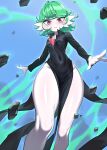  1girl absurdres azuuart black_dress breasts cosplay covered_navel curly_hair dress gardevoir green_hair highres long_sleeves looking_at_viewer one-punch_man pale_skin pokemon pokemon_(creature) red_eyes rock short_hair small_breasts solo tatsumaki tatsumaki_(cosplay) thighs 