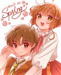  1boy 1girl antenna_hair brown_eyes brown_hair cardcaptor_sakura cherry_blossoms commentary english_text green_eyes hair_ornament hanam_000 jacket kinomoto_sakura li_xiaolang light_smile looking_at_viewer open_mouth red_skirt shirt short_hair simple_background skirt twitter_username upper_body white_background white_shirt 