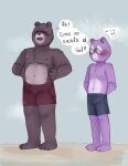  2023 anthro bear blush bottomwear brown_body clothing dialogue duo eyes_closed eyewear glasses hi_res humanoid_hands male mammal padre_(unicorn_wars) purple_body sargento_caricias shorts spanish_text swimwear text unicorn_wars zadscat 