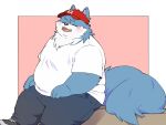  2023 anthro belly big_belly blue_body blush bottomwear canid canine canis clothing domestic_dog eyes_closed hat headgear headwear hi_res inunoshippo kemono male mammal overweight overweight_male pants shirt simple_background sitting solo topwear vtuber white_body 